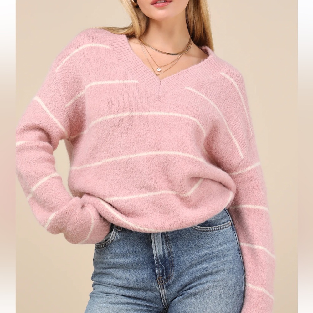 Get a Little Cozier Pink Striped Knit Oversized Sweater